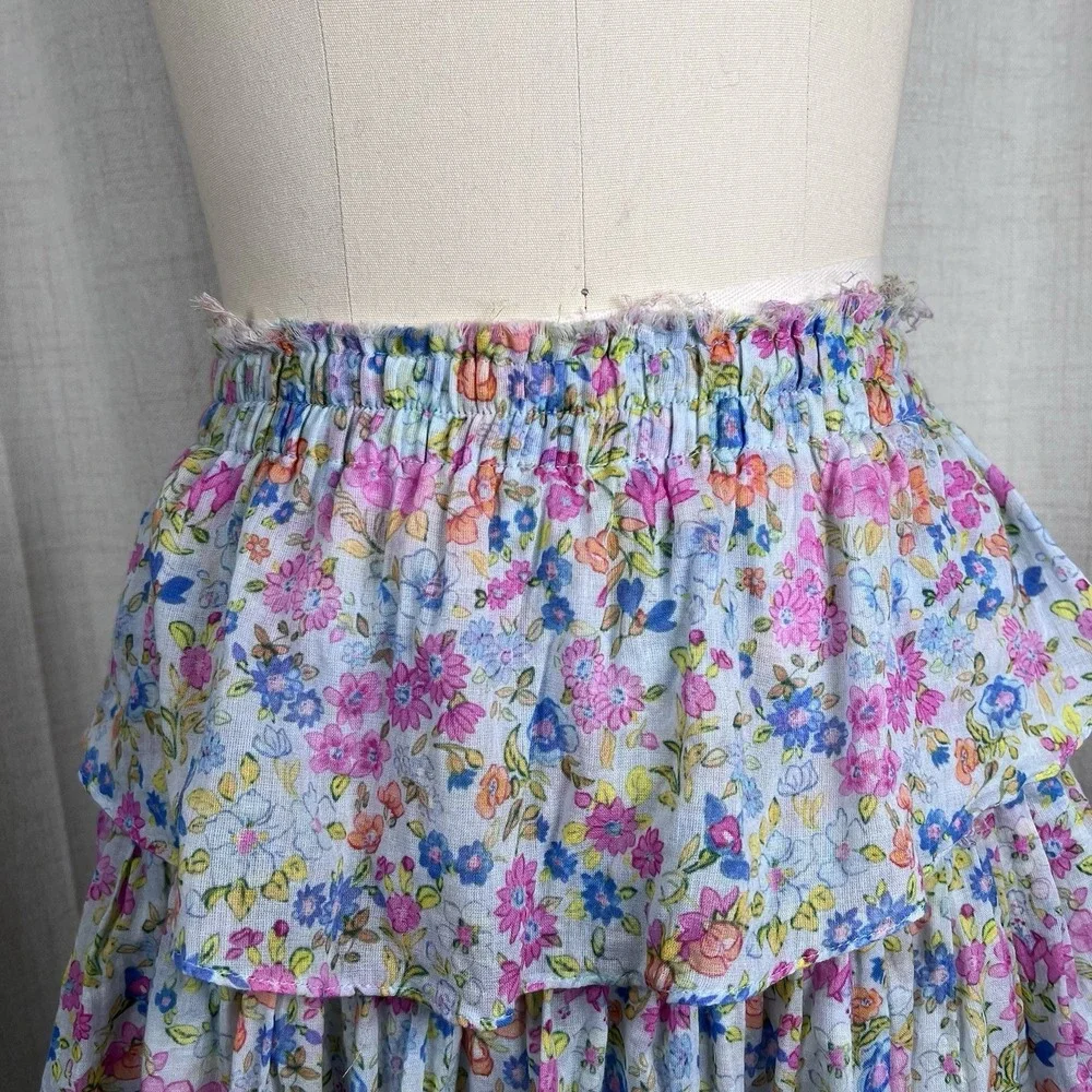 LoveShackFancy Ruffle Tiered Mini‎ Skirt Coral Reef Waves Floral Blue Small